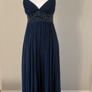 BCBG Navy Blue Beaded Empire Waist Chiffon Maxi Dress